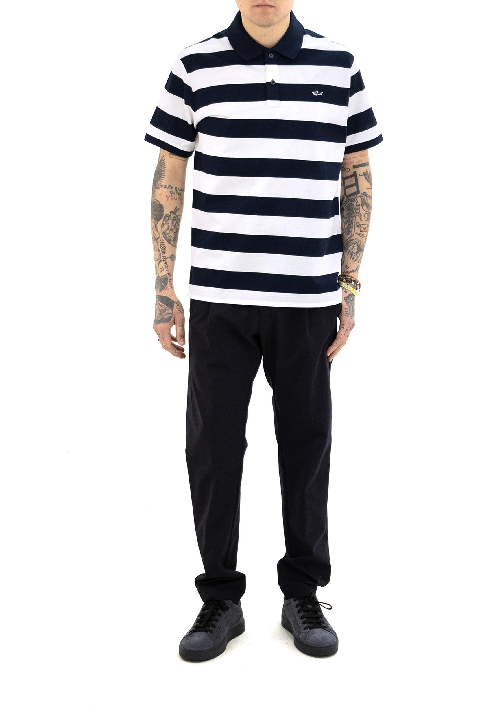 Polo in piqué di cotone a righe di colore blu e bianco<BR/> 99311002 139 PAUL & SHARK 