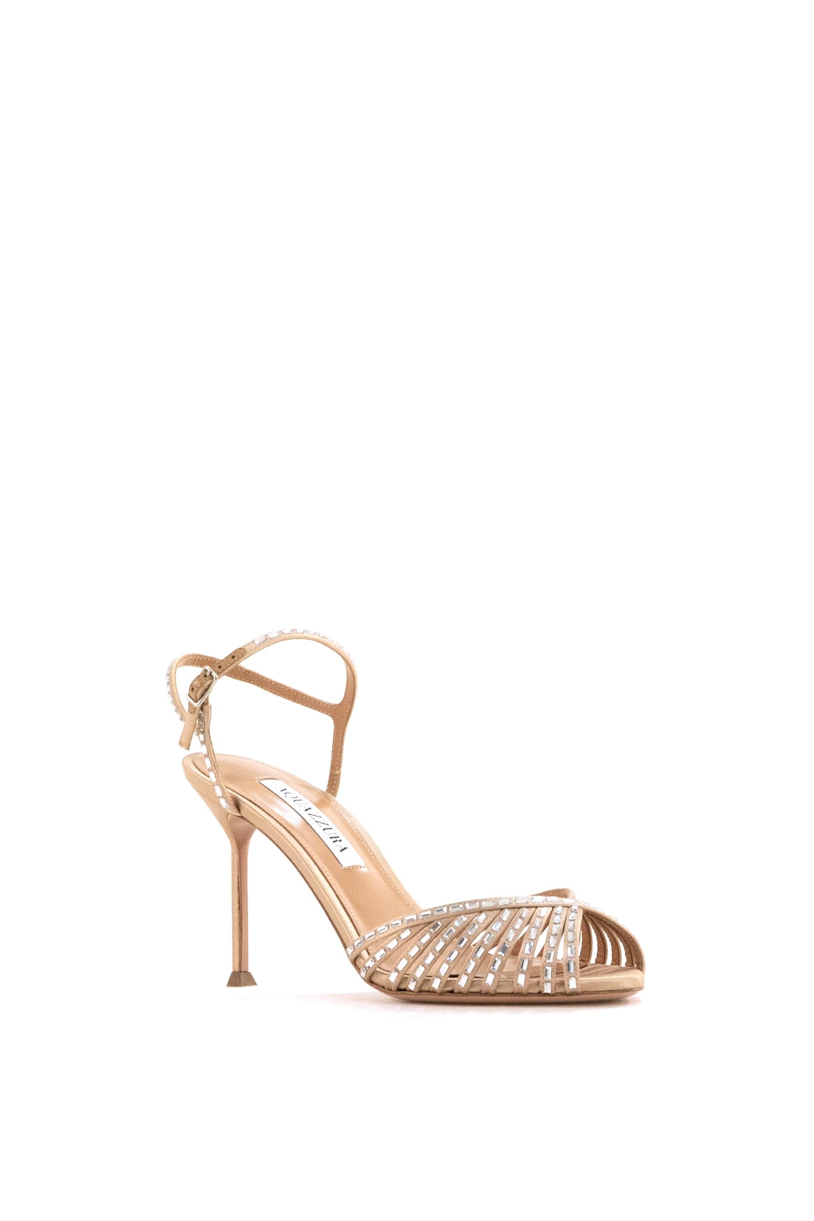 Sandali Hold Me Crystal in raso color nude<BR/> HMCMIDS0-SAT WARM NUDE AQUAZZURA 