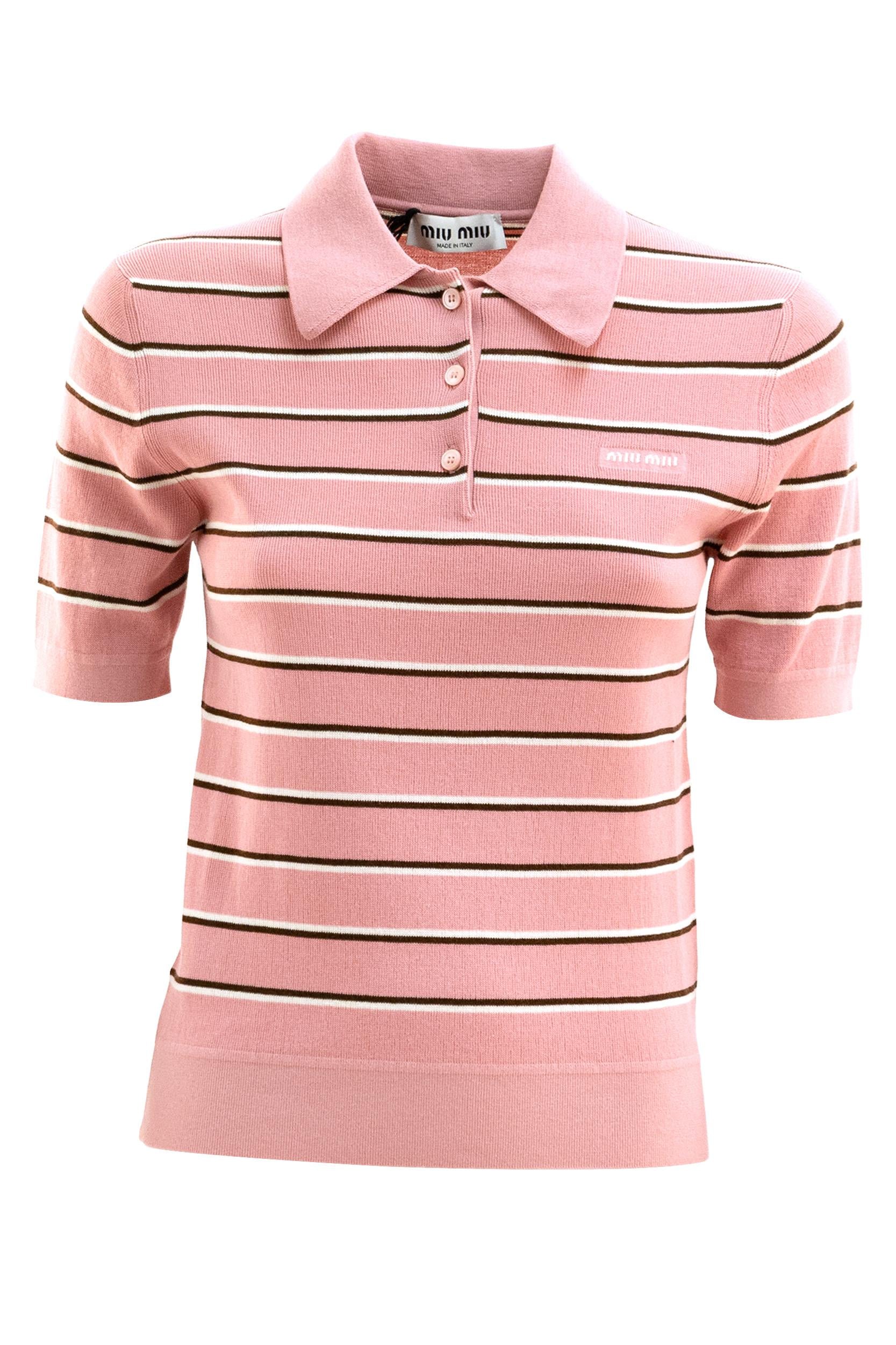 Polo in maglia di cotone a righe di colore rosa<BR/> MMLB35 S OOO 183M F0028 MIU MIU 