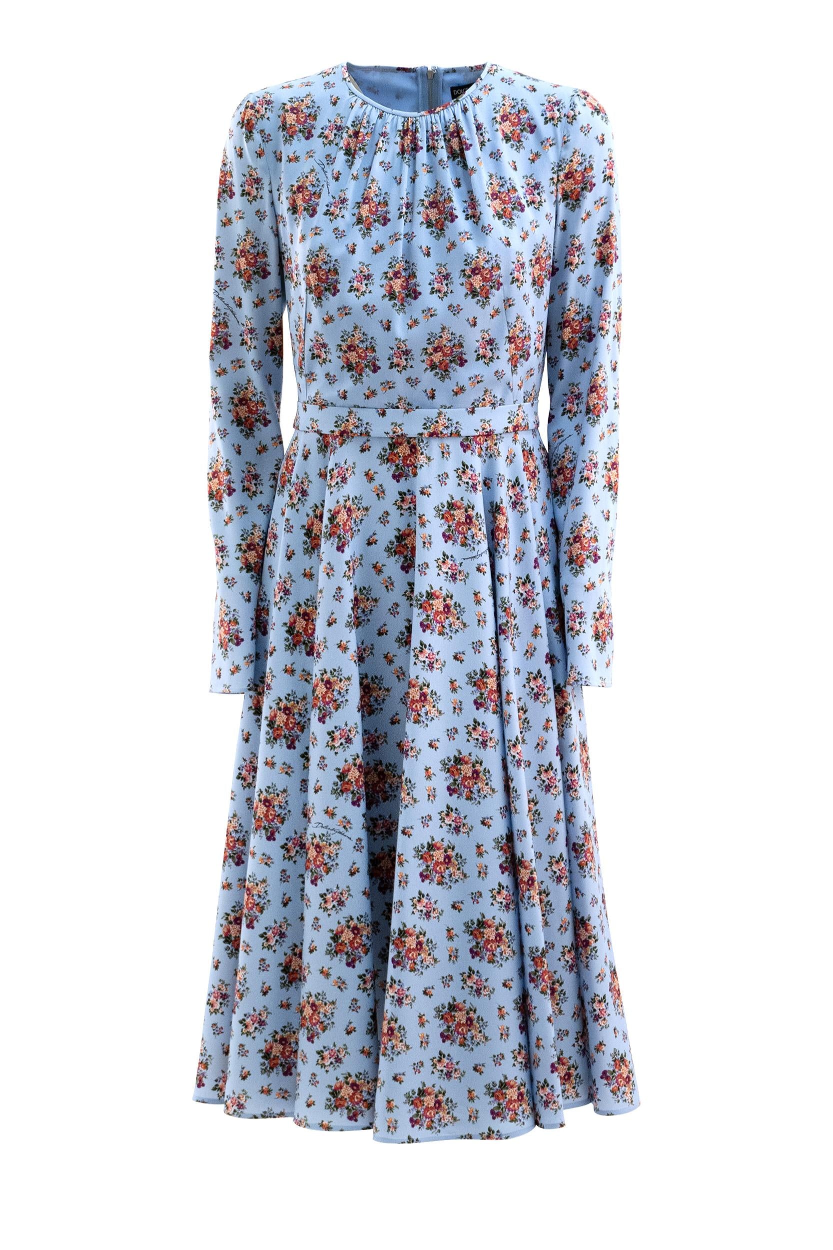 Abito in charmeuse di colore azzurro con stampa mazzolini di fiori multicolore<BR/> F60HMT FSA78 HC5XK DOLCE & GABBANA 