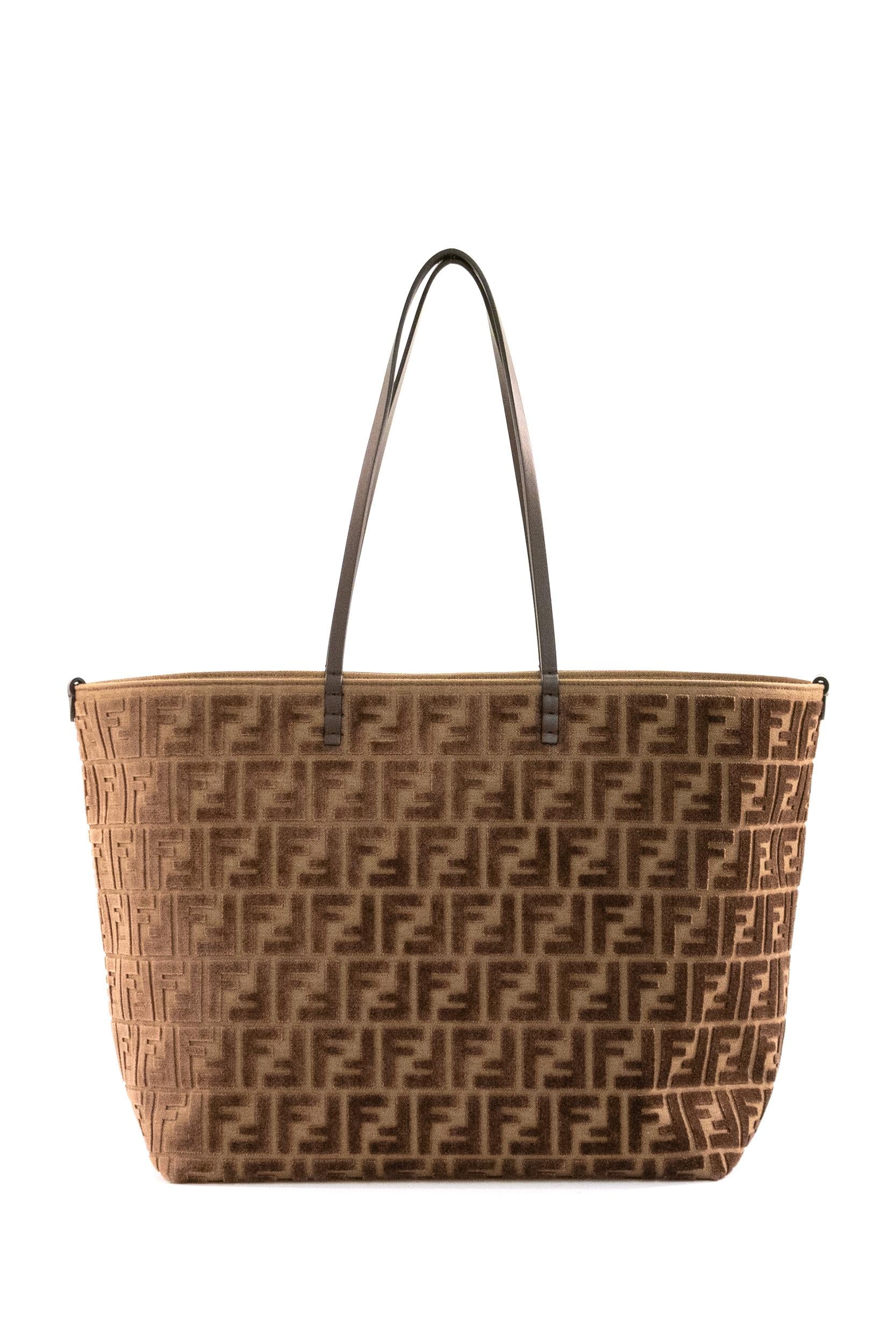 Borsa Roll Large in velluto FF jacquard color beige e marrone <BR/> 8BH425 AT14 F0L1B FENDI 