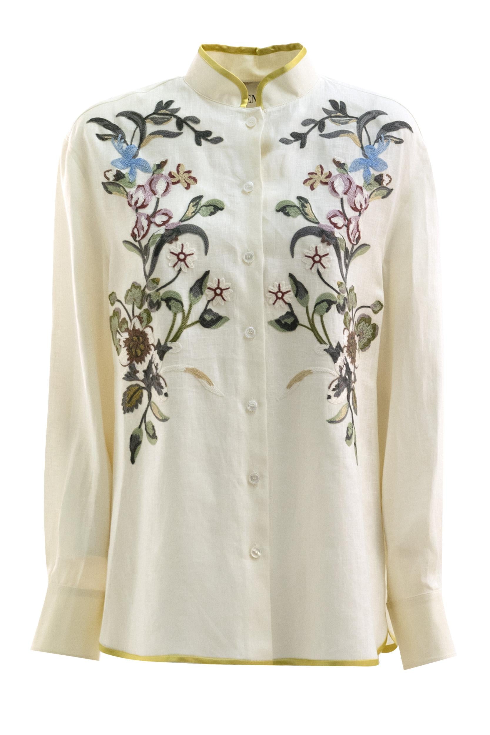Camicia in lino color avorio con ricamo floreale multicolore<BR/> 8B3AB8269M4 AM0 VALENTINO GARAVANI 