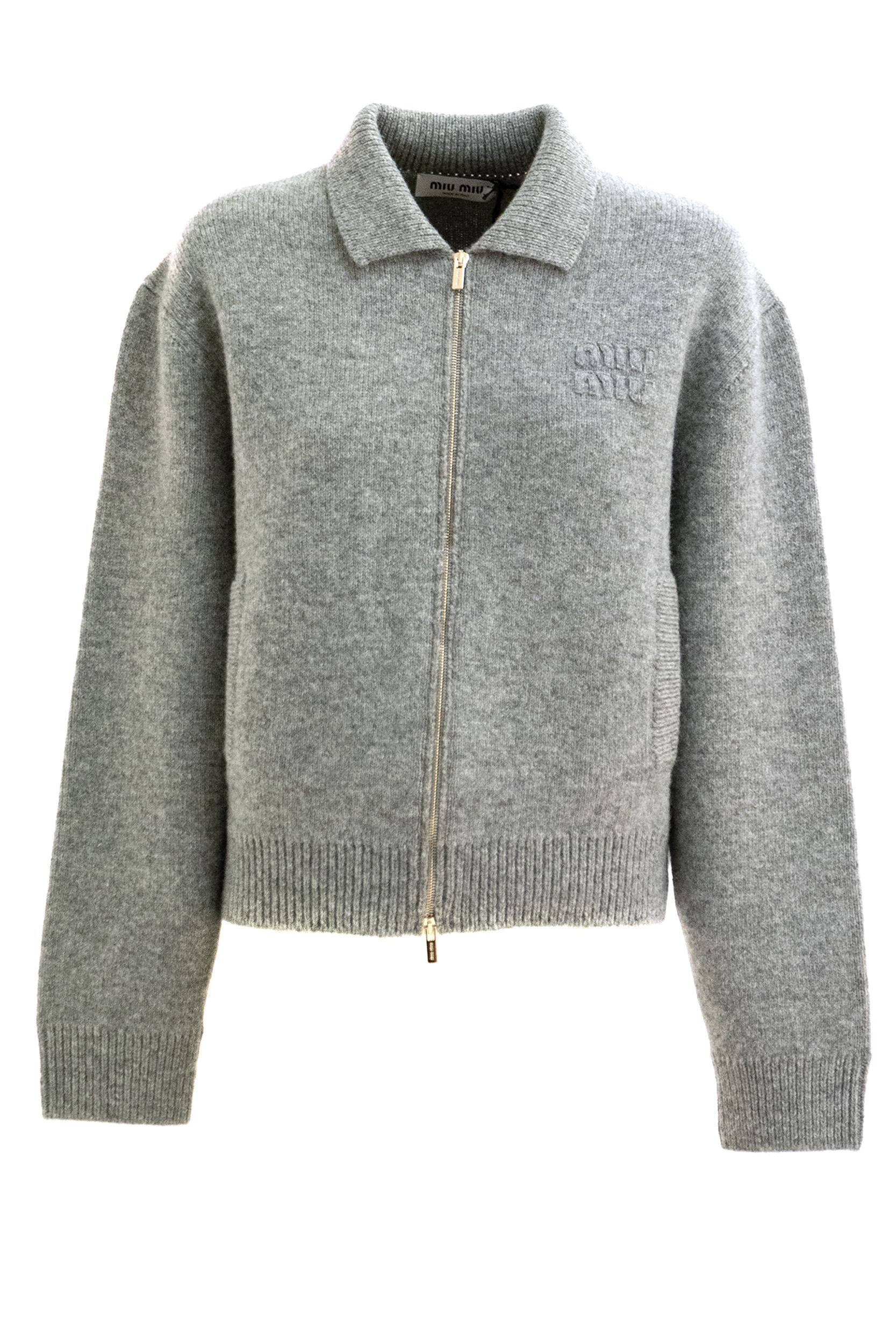 Cardigan in shetland e cashmere color grigio<BR/> MMF924 S OOO 15BV F0031 MIU MIU 