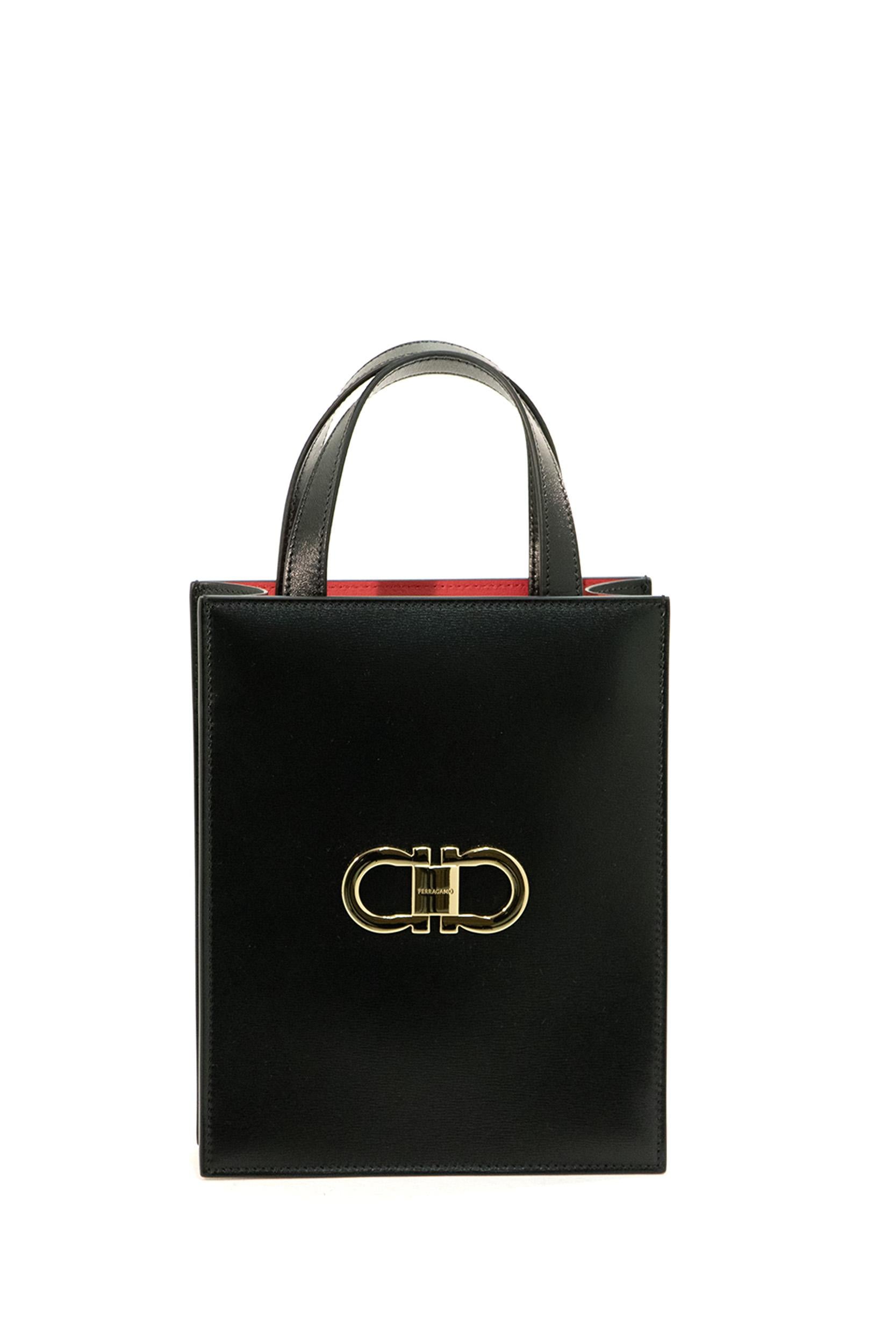 Mini Borsa Tote Gancini<BR/> 218358 0771687 NERO/FLAME FERRAGAMO 
