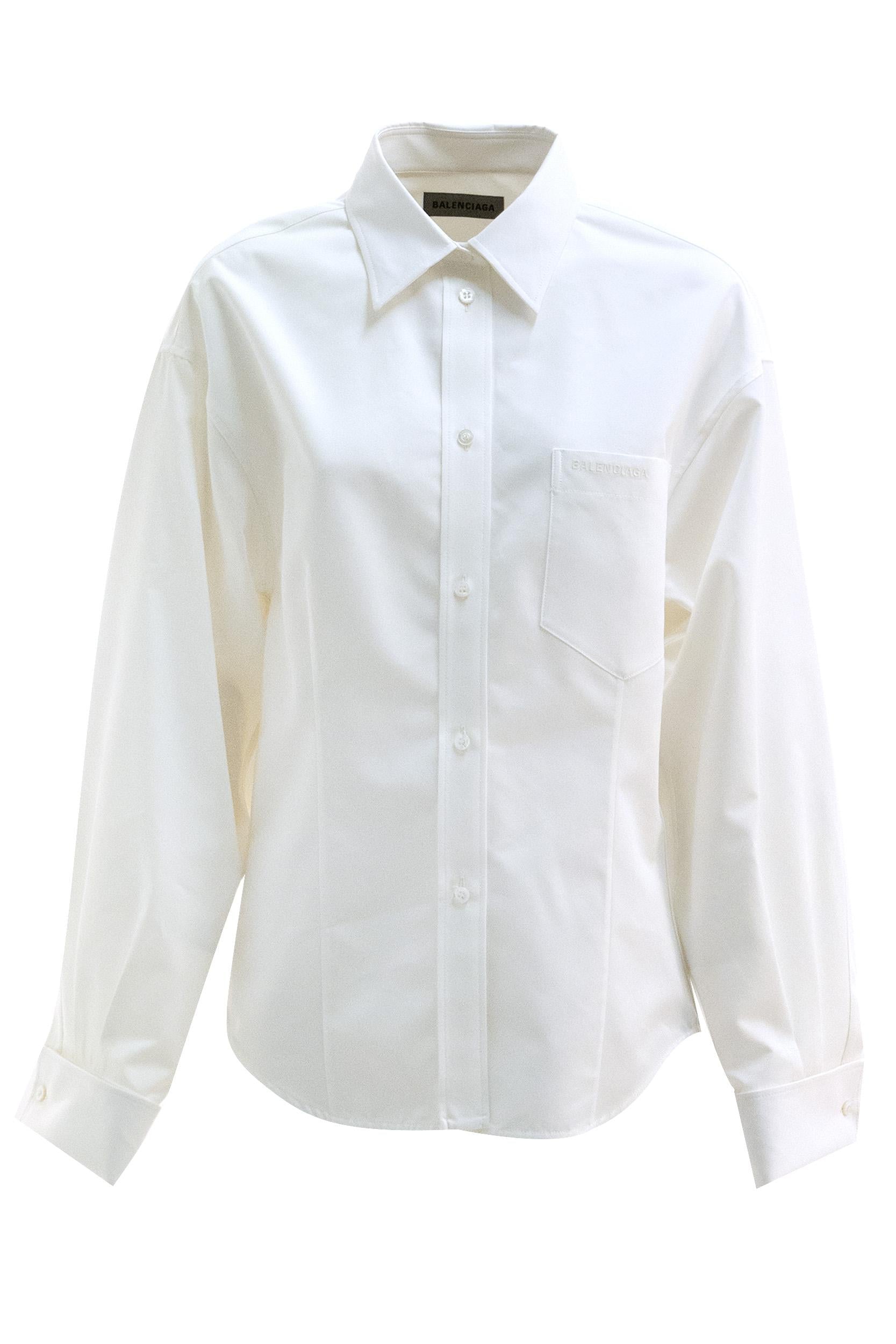 Camicia in popeline di seta e organza di cotone di colore bianco<BR/> 872318 TUM18 9000 BALENCIAGA 