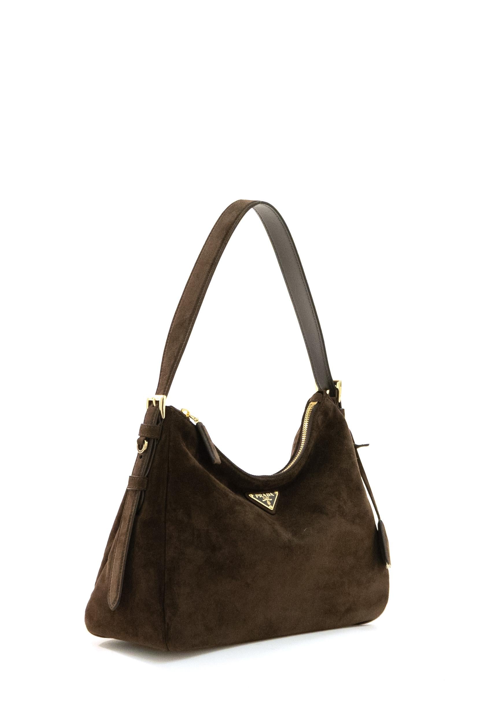 Borsa a spalla in suede di colore marrone<BR/> 1BC301 V LVO 2C4S F0003 PRADA 
