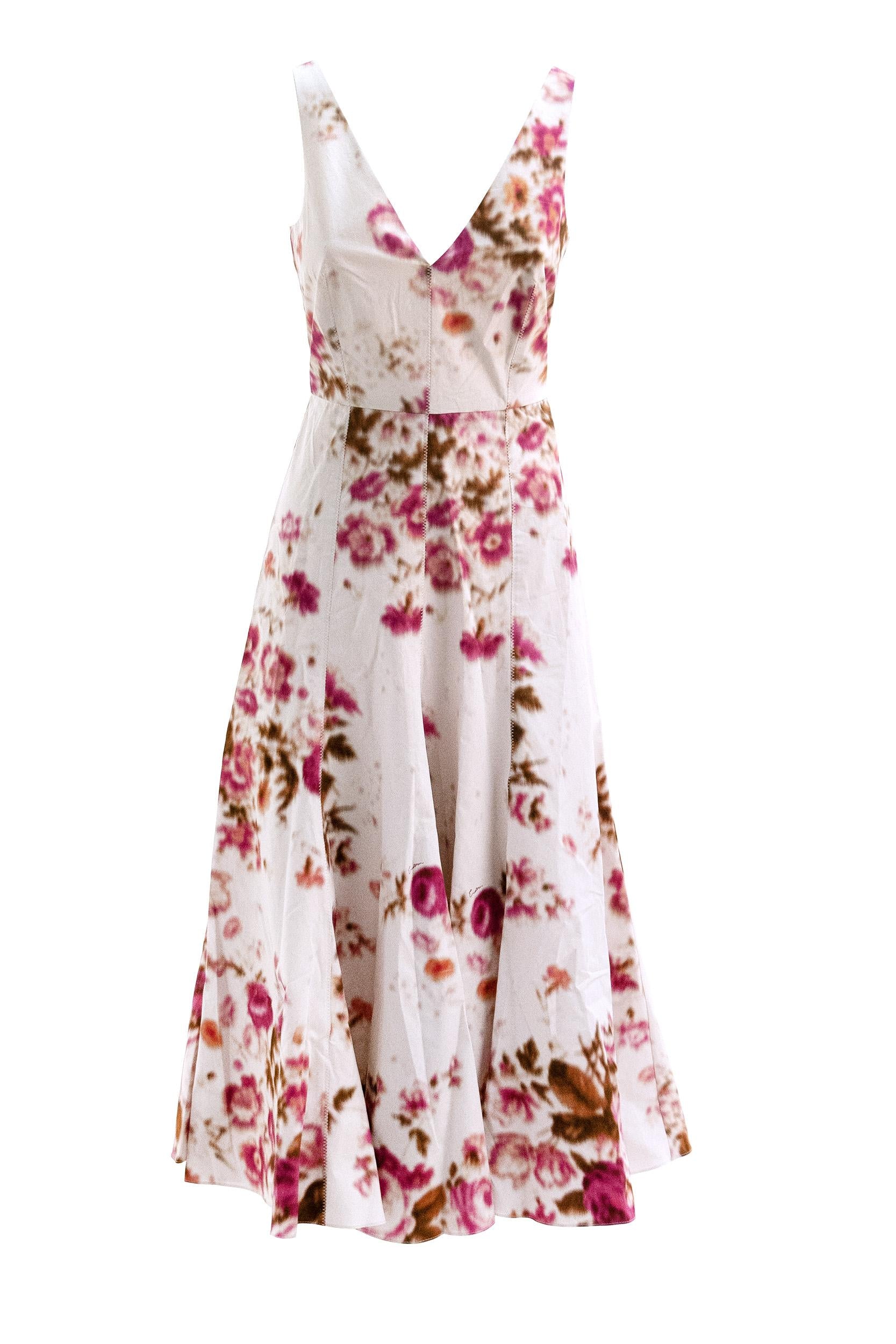 Abito in cotone di colore bianco con stampa floreale di colore rosa<BR/> D19651525019 ROSE HOT PINK ERDEM 