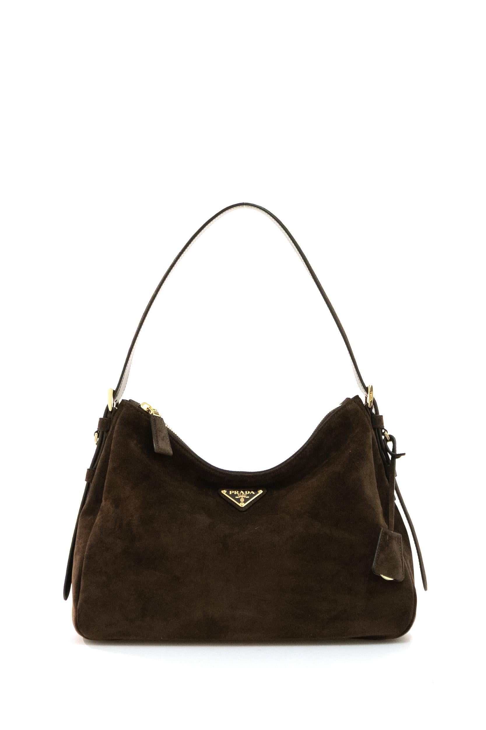 Borsa a spalla in suede di colore marrone<BR/> 1BC301 V LVO 2C4S F0003 PRADA 