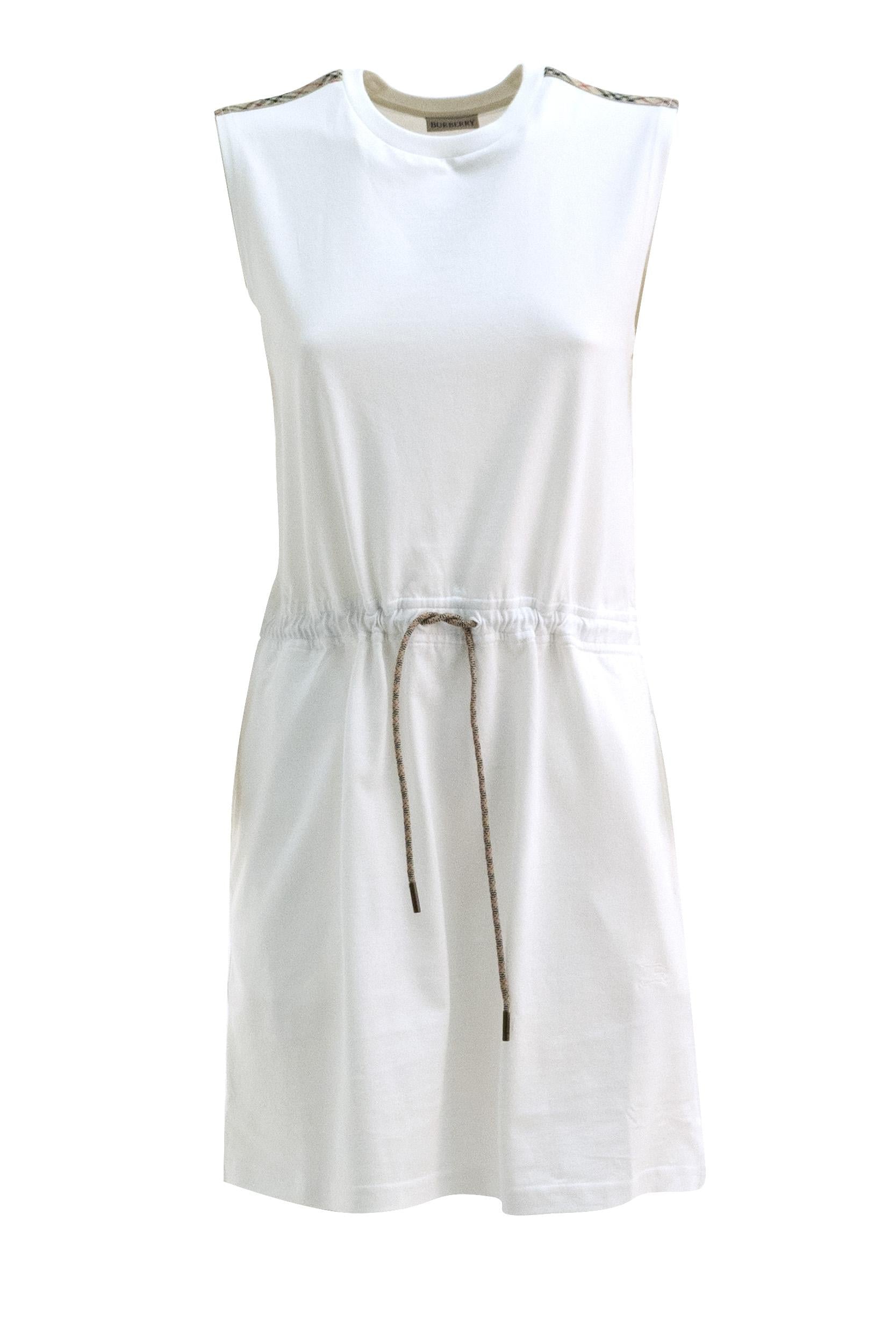 Abito in jersey di cotone di colore bianco con finiture Check<BR/> 8123279 CHALK BURBERRY 