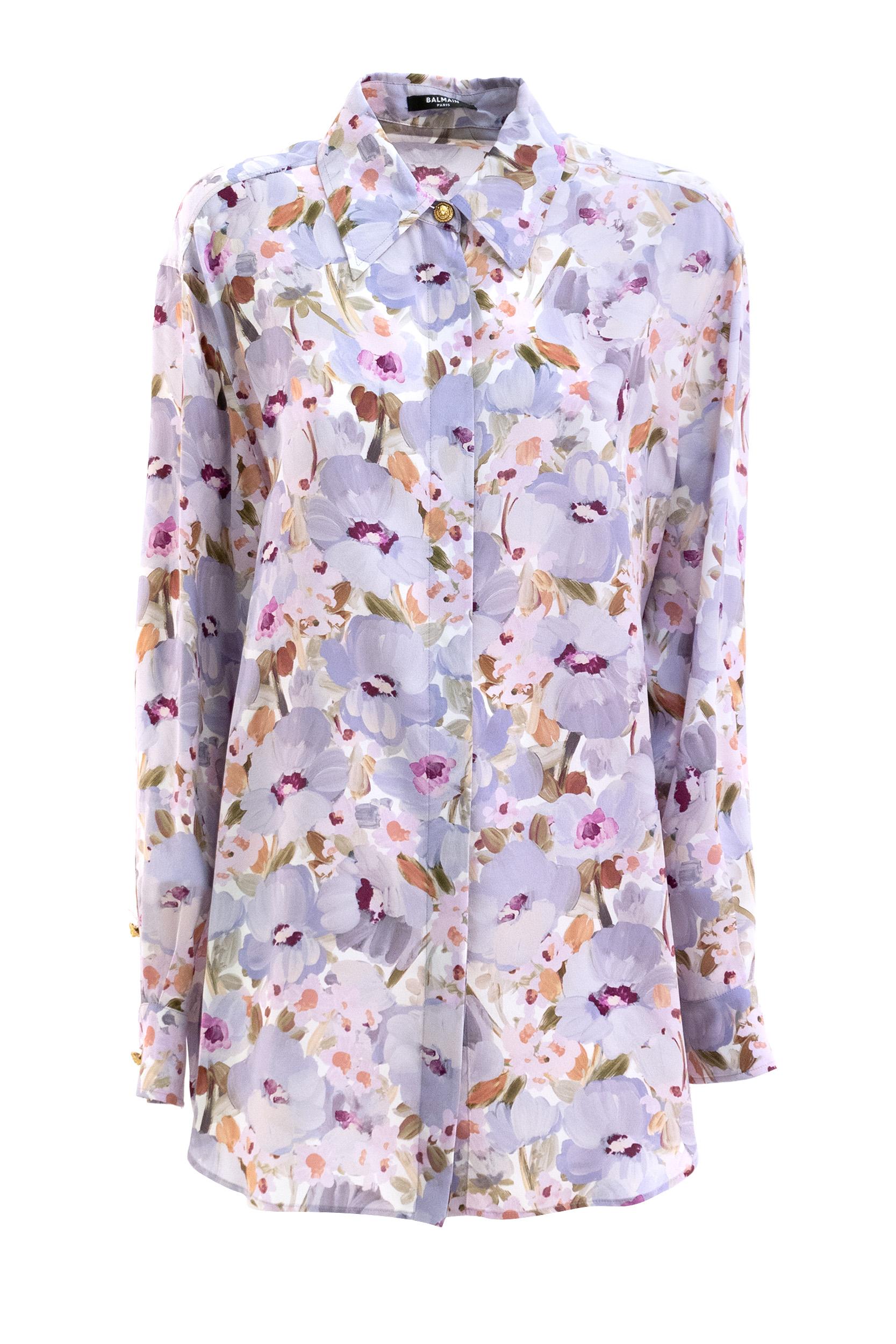 Camicia in seta con stampa floreale multicolore<BR/> GF1HS435SF37 GXC BALMAIN 