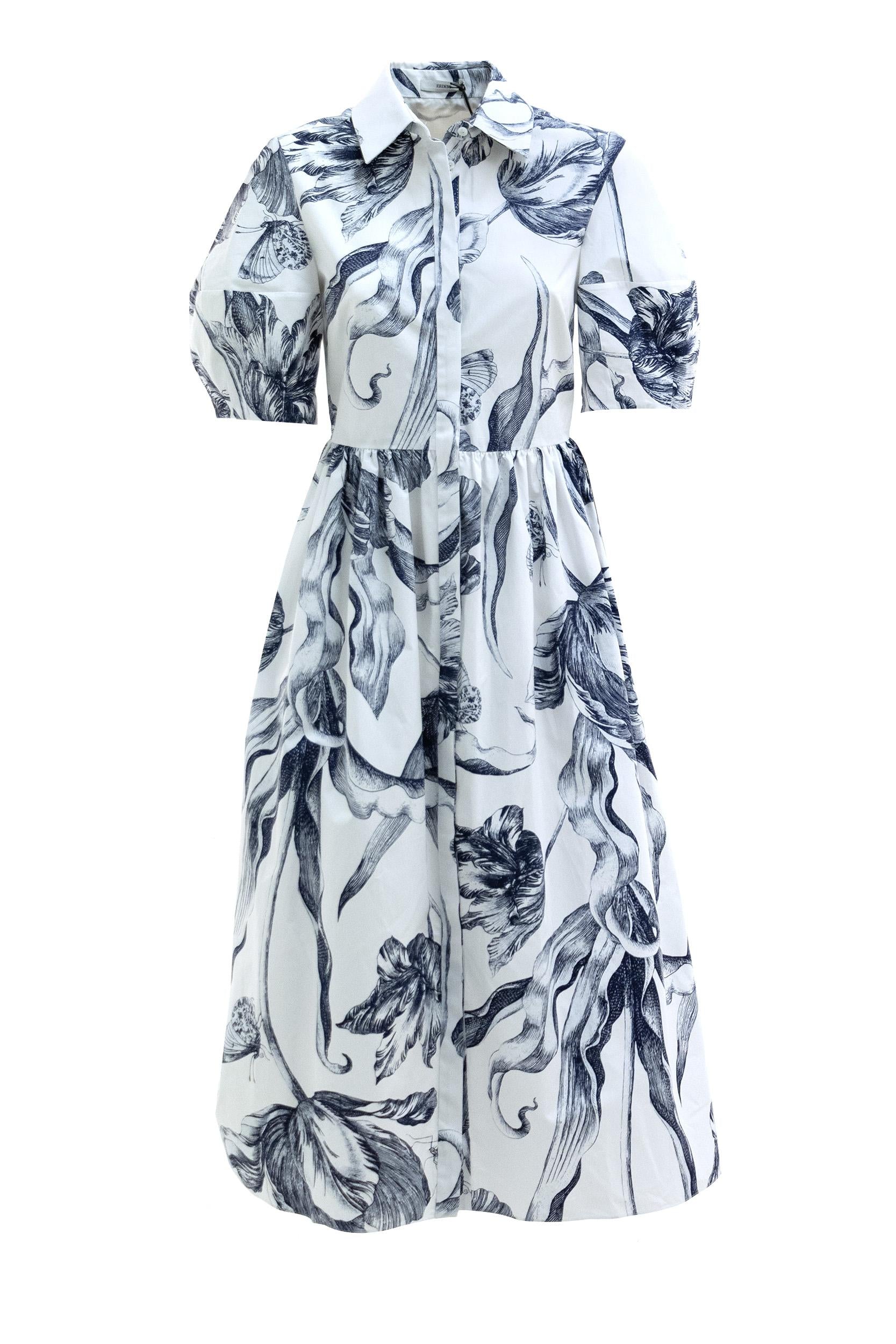 Abito chemisier in cotone di colore bianco con stampa floreale di colore blu<BR/> D19851069002 BOTANICAL IVORY ERDEM 