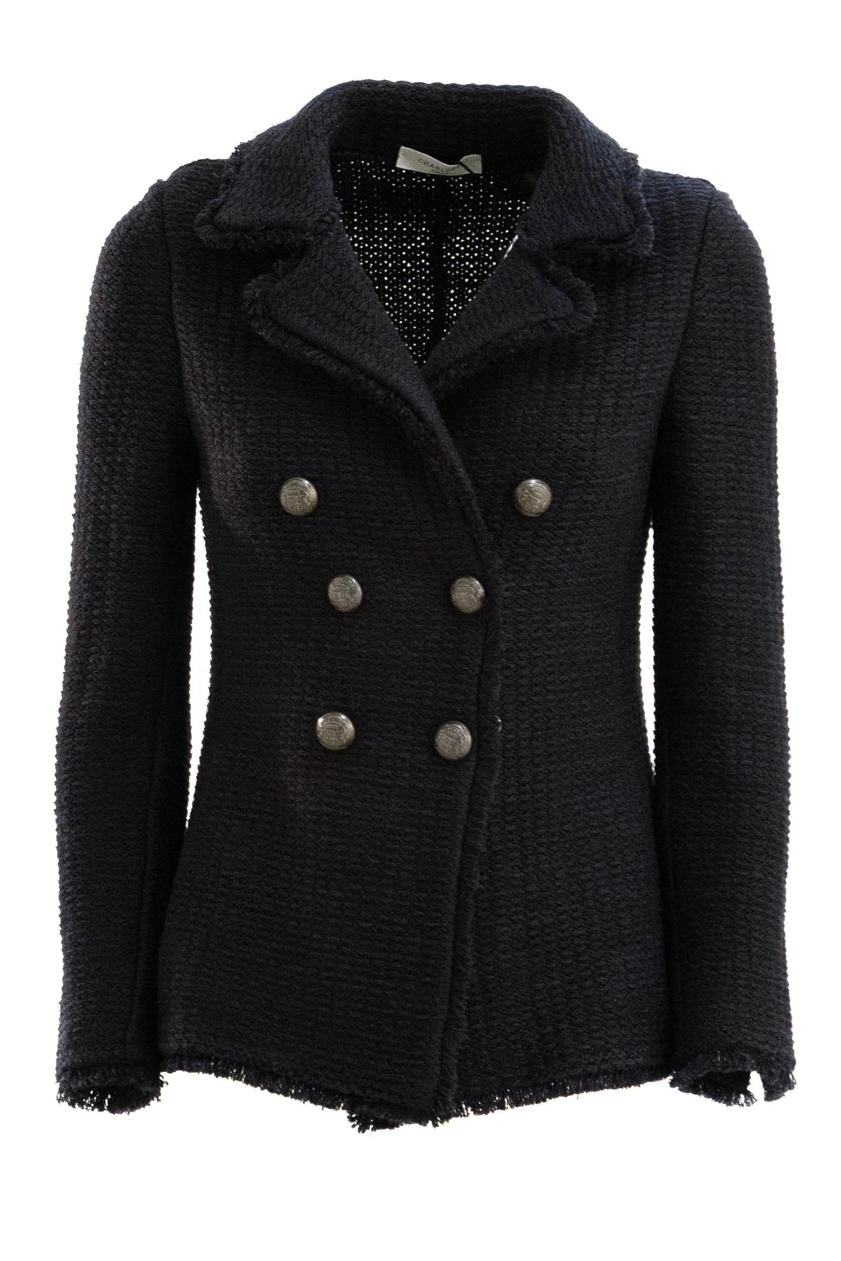 Giacca doppiopetto in maglia di lana color blu<BR/> 8113/00 BLU CHARLOTT 