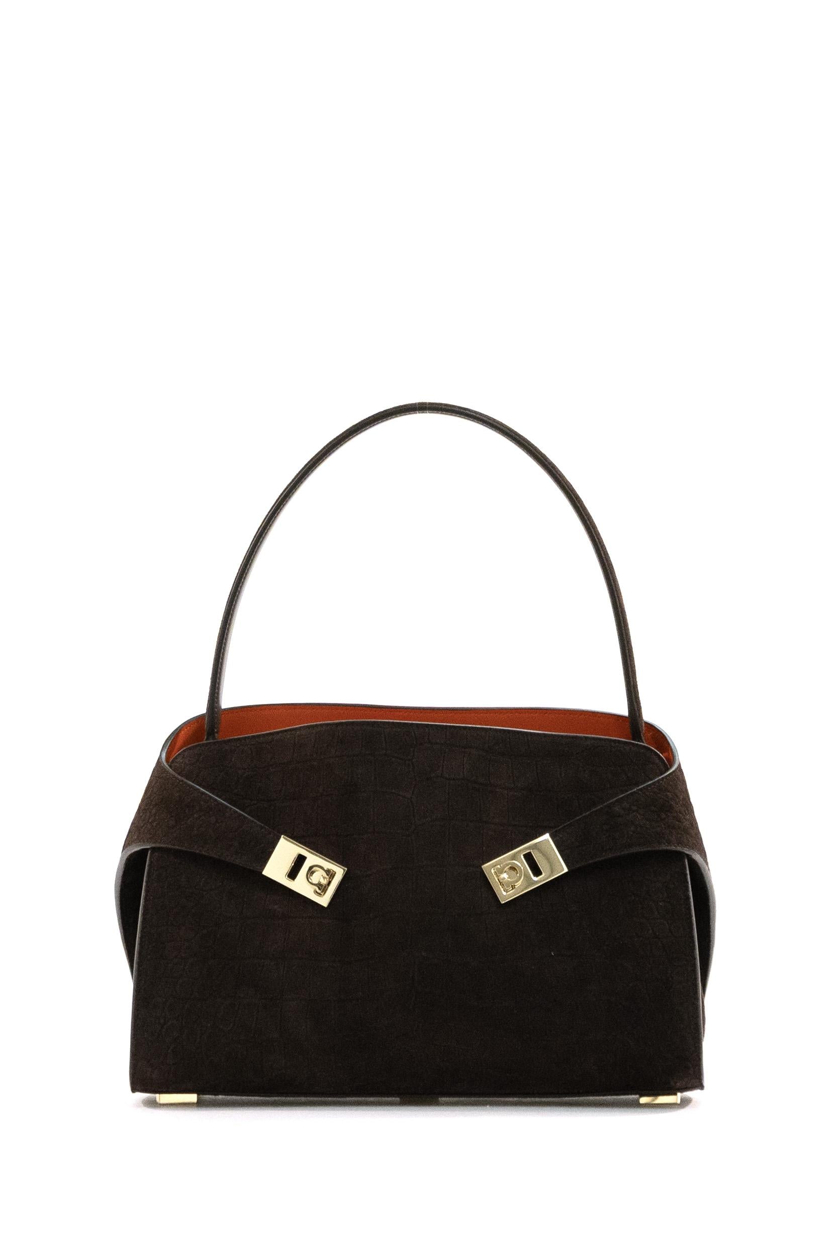 Borsa Hug in suede stampa cocco di colore marrone<BR/> 219816 0792871 MORO FERRAGAMO 