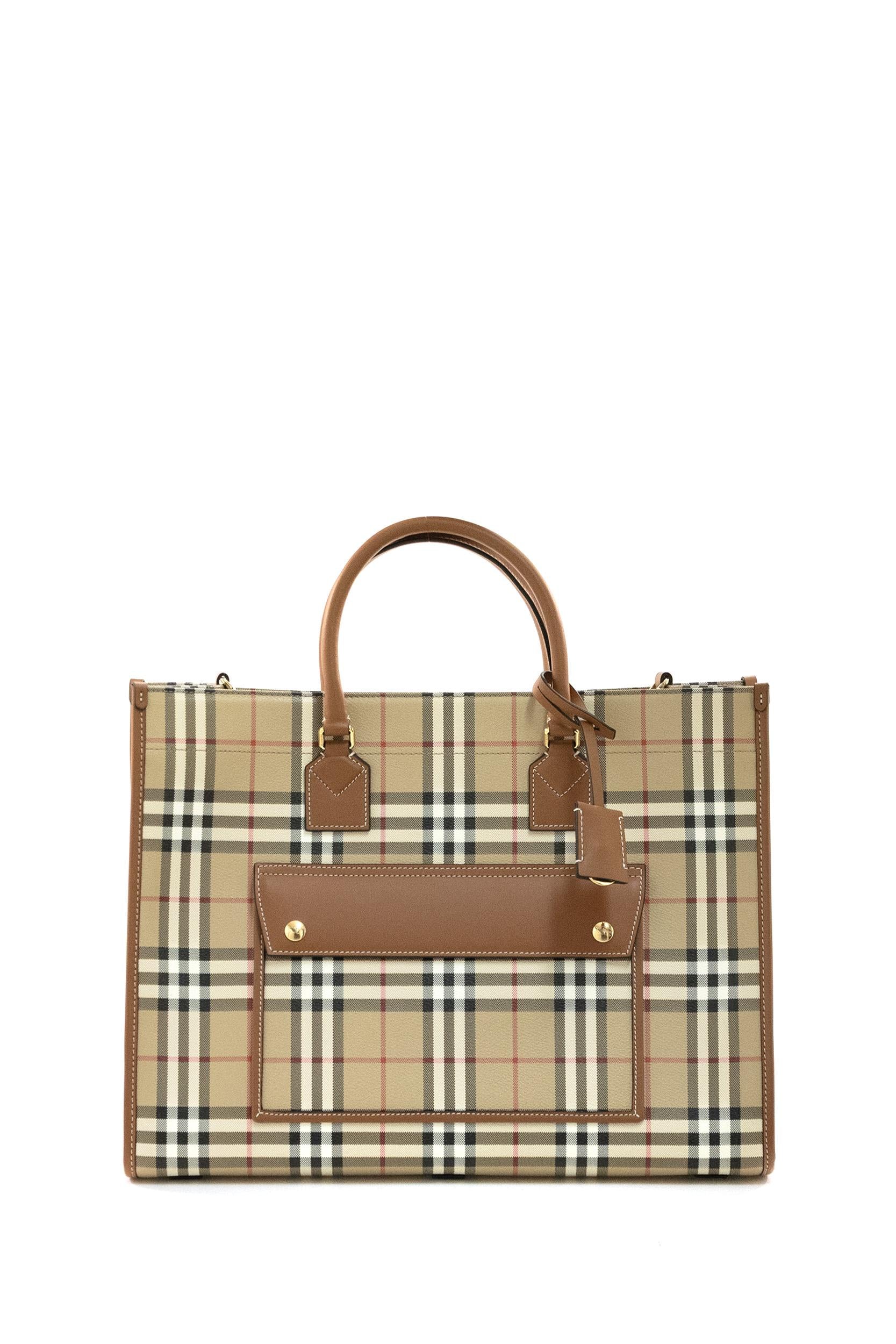 Tote Freya Media in Misto Cotone<BR/> 8109792 CHKBROWN BURBERRY 