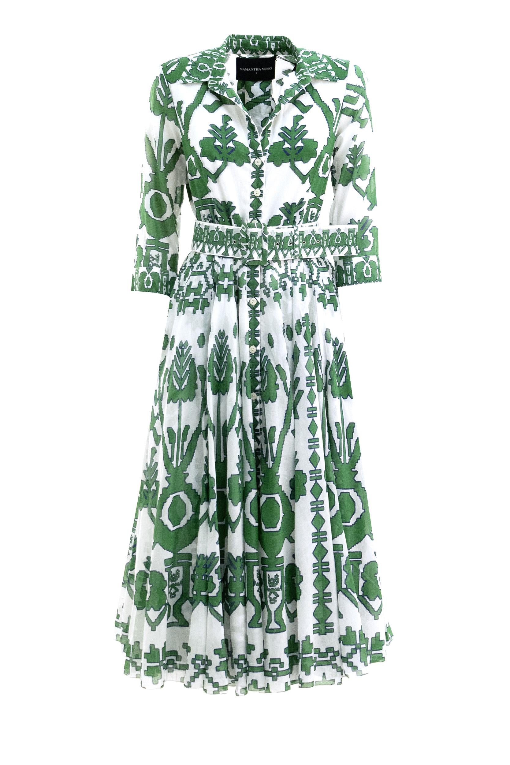 Abito Chemisier Aster in mussola di cotone con stampa gometrica di colore bianco e verde<BR/> ASTER DRESS/KOS WHITE GREEN S-SUNG 