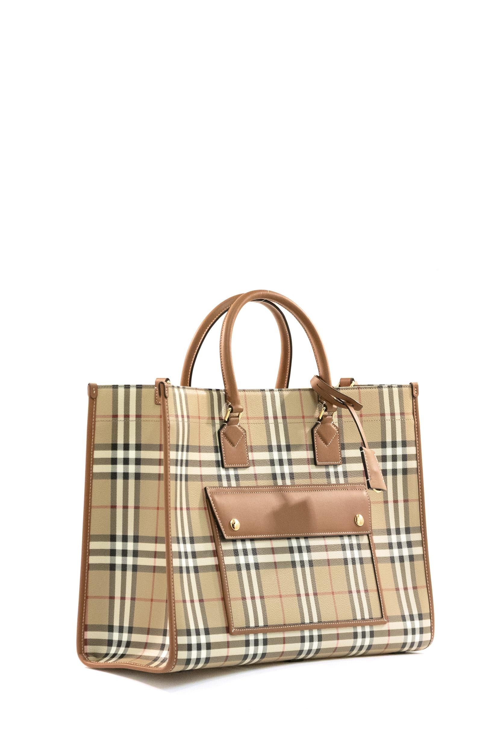 Tote Freya Media in Misto Cotone<BR/> 8109792 CHKBROWN BURBERRY 
