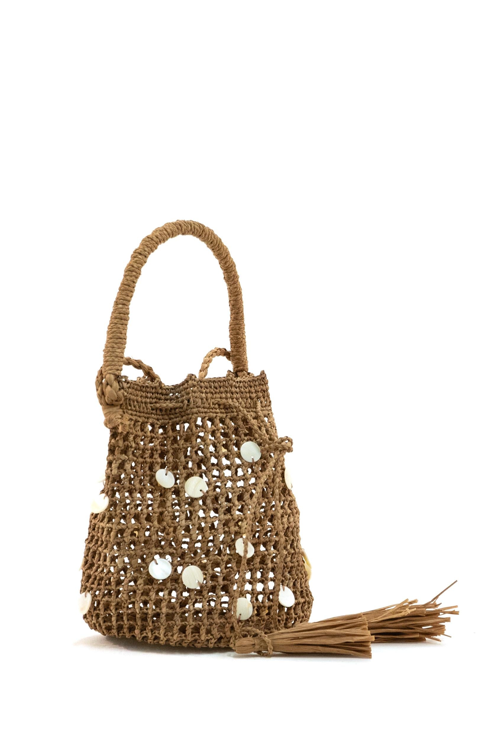 Borsa a secchiello in rafia color marrone chiaro<BR/> LWMY006R26MAT001 6088 ALANUI 