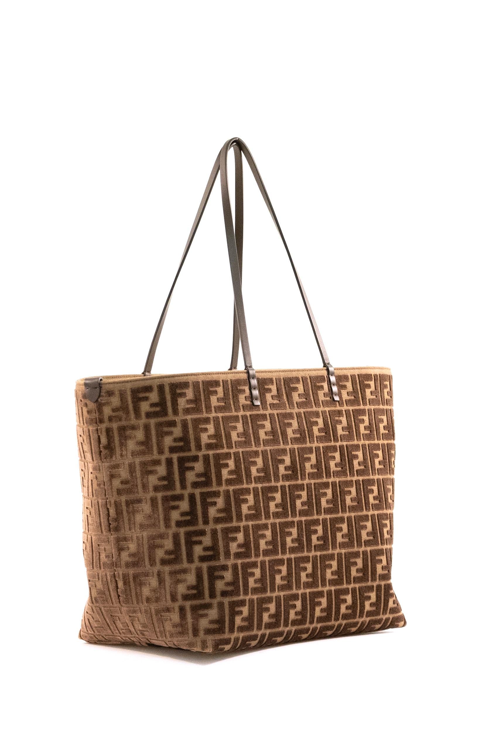 Borsa Roll Large in velluto FF jacquard color beige e marrone <BR/> 8BH425 AT14 F0L1B FENDI 