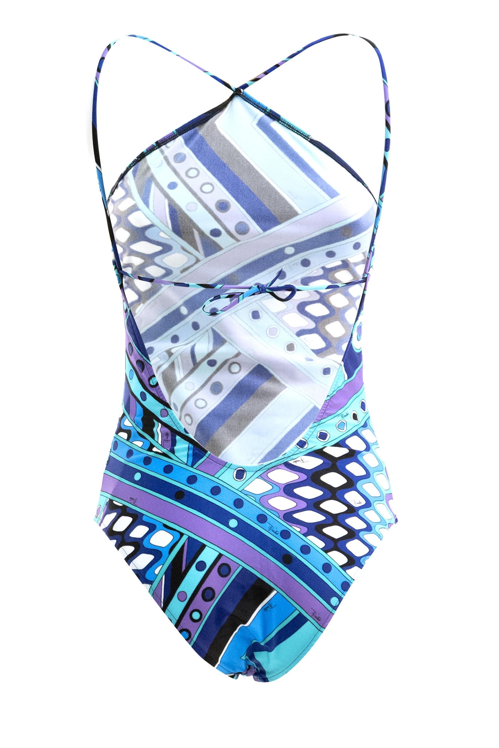 Costume Intero in lycra elastica con stampa Vivara di colore turchese e blu<BR/> 6HMC31 6H895 P20 EMILIO PUCCI 