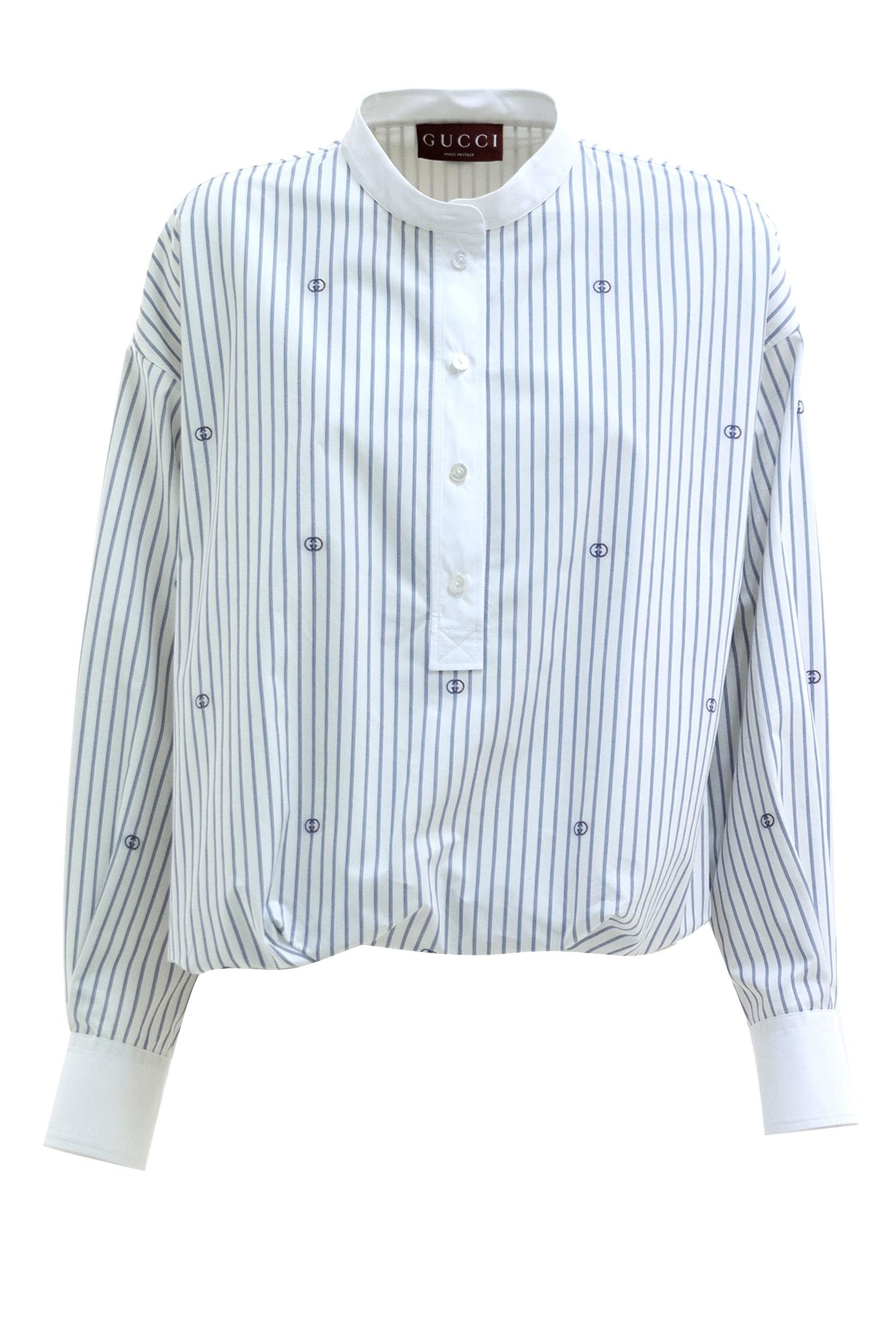Camicia in cotone gessato con GG di colore bianco e azzurro<BR/> 855774 ZAUBX 9098 GUCCI 