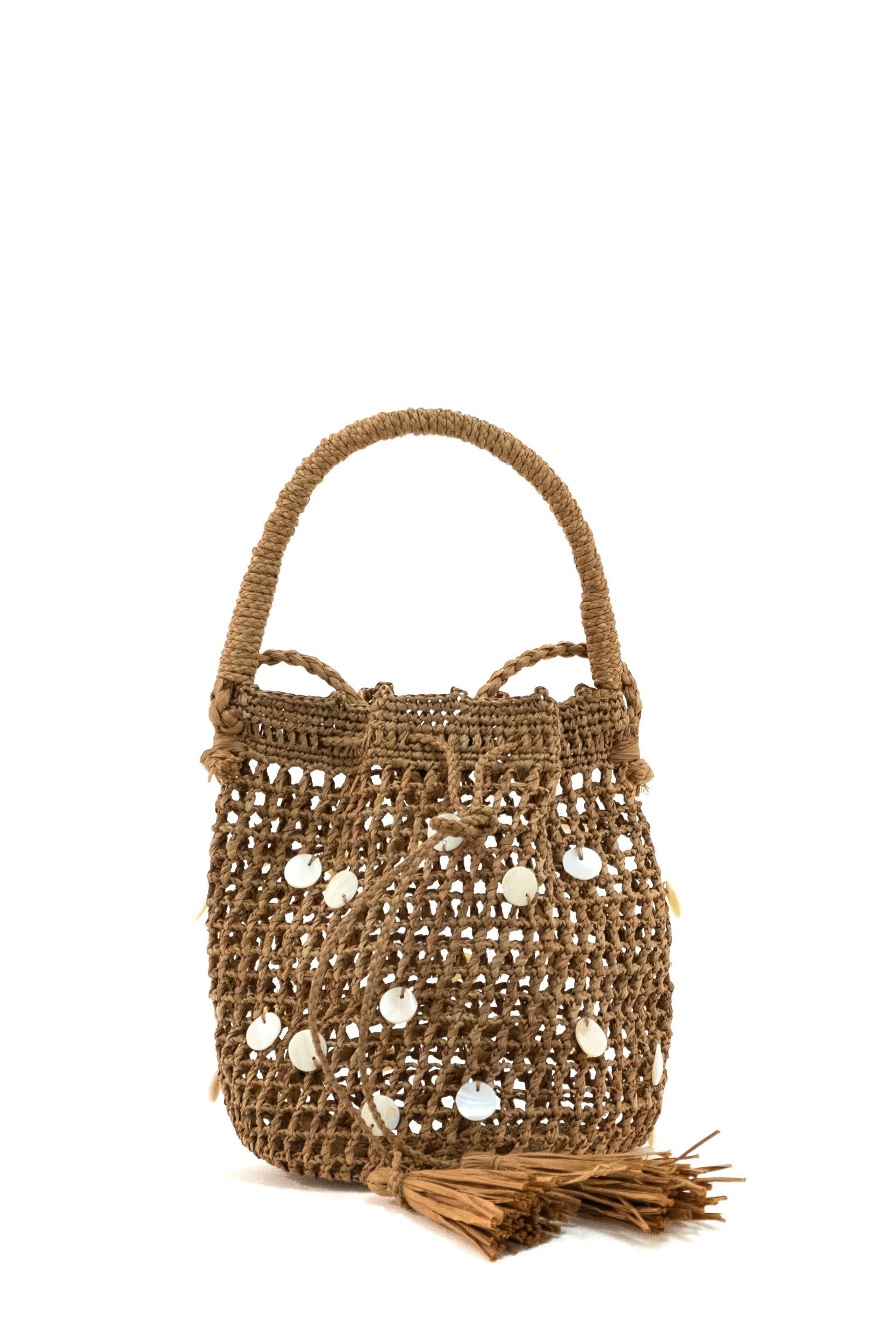 Borsa a secchiello in rafia color marrone chiaro<BR/> LWMY006R26MAT001 6088 ALANUI 