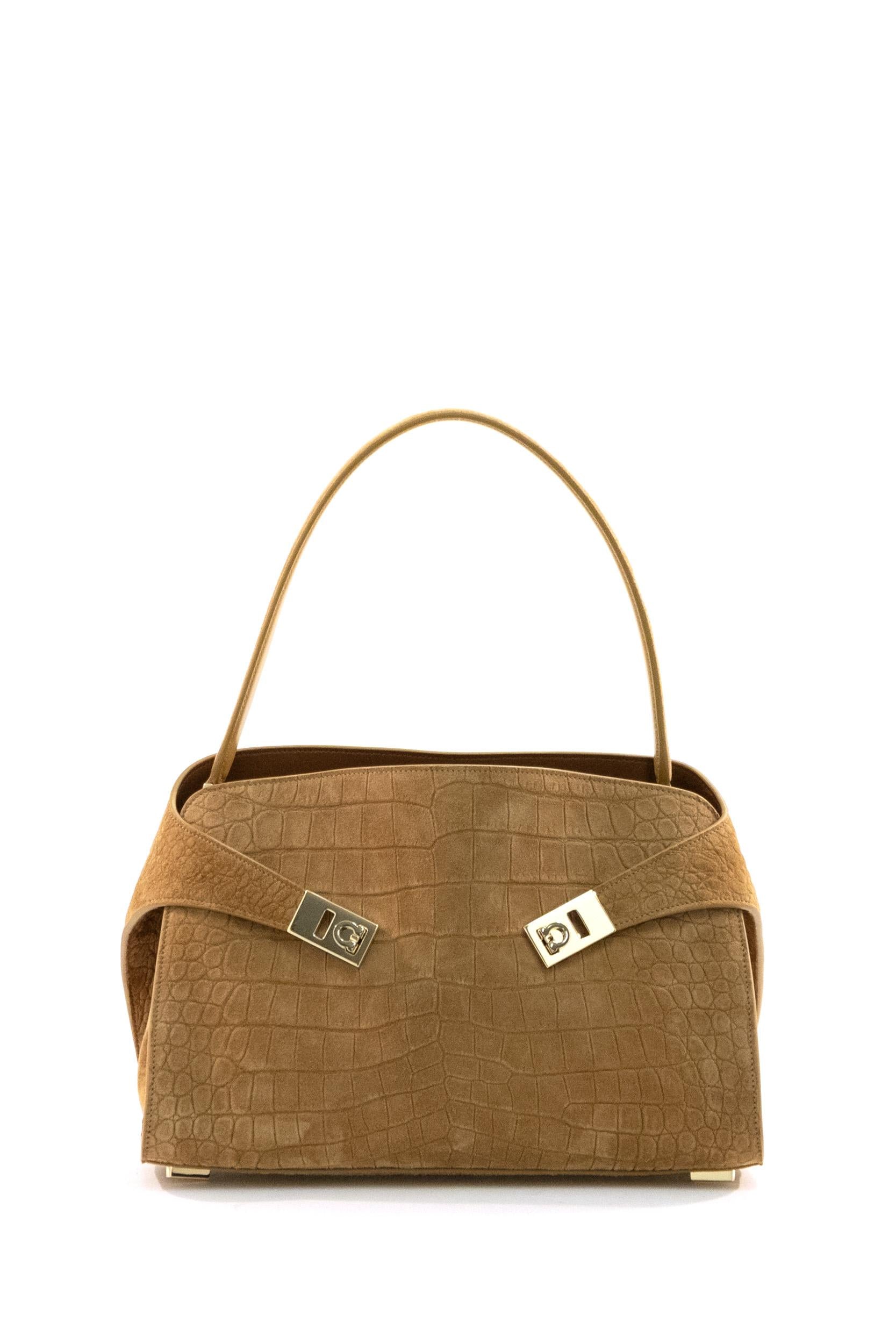 Borsa Hug in suede stampa cocco di colore beige<BR/> 219816 0792869 NAT6 FERRAGAMO 