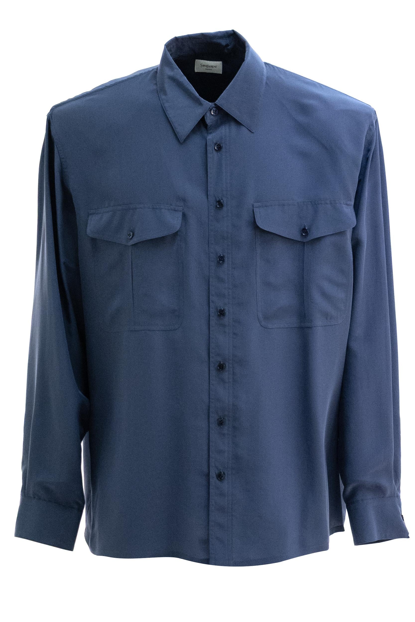 Camicia in viscosa e seta di colore blu<BR/> 854249 Y2N49 4812 SAINT LAURENT 