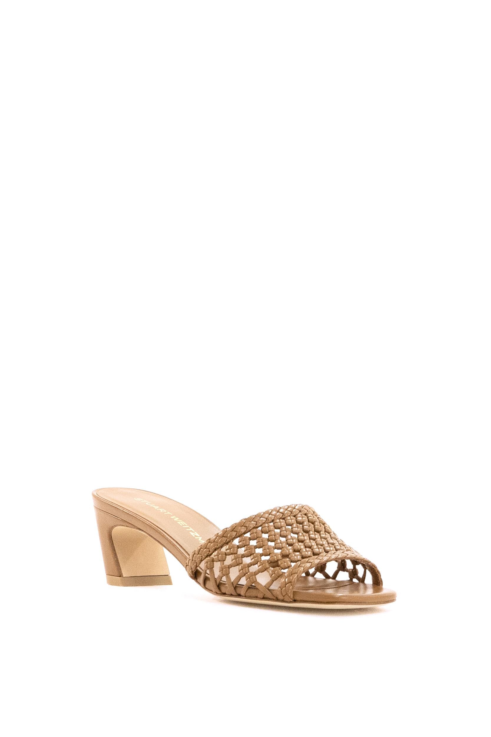 Sandali slide Marina in pelle intrecciata color marone<BR/> MARINA SLIDE 50 TAN STUART WEITZMAN 